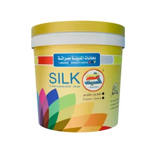 سطل طلاء سيلك (SILK) من دهانات المدينة مصراتة، طلاء بلاستيك عالي الجودة للاستخدام الداخلي والخارجي، يتميز بعبوة صفراء مزينة بألوان زاهية وشعار الشركة